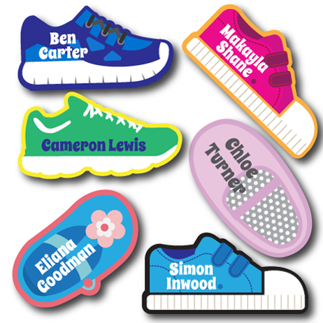 ballet shoes etc. trainers These tapes are easy to stick inside shoes 10 Shoe Nametapes personalised with name; labels are made to the shape of a foot wellies plimsolls